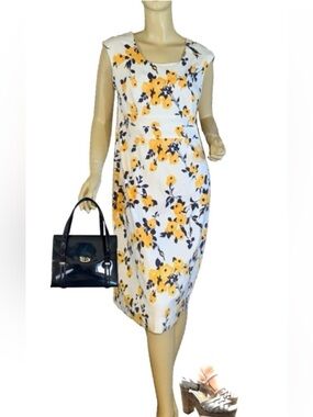 J. PETERMAN WHITE, YELLOW & BLUE FLORAL PATTERN COTTON SHEATH DRESS (12)